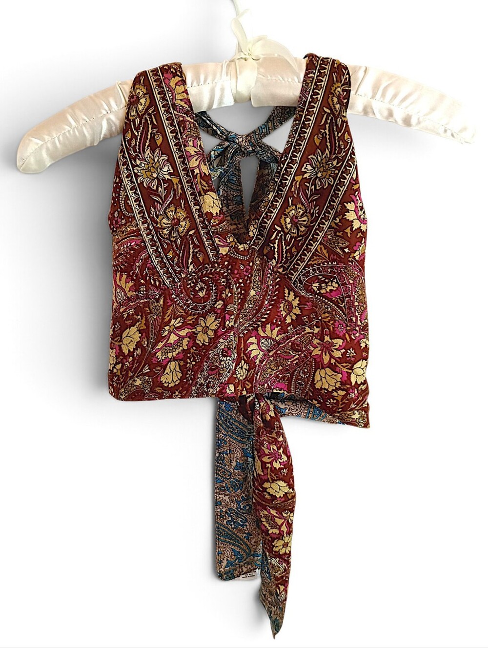 Boho Silk Tie-Back V-Neck Crop Top Burgundy Floral Reversible Halter Paisley OS